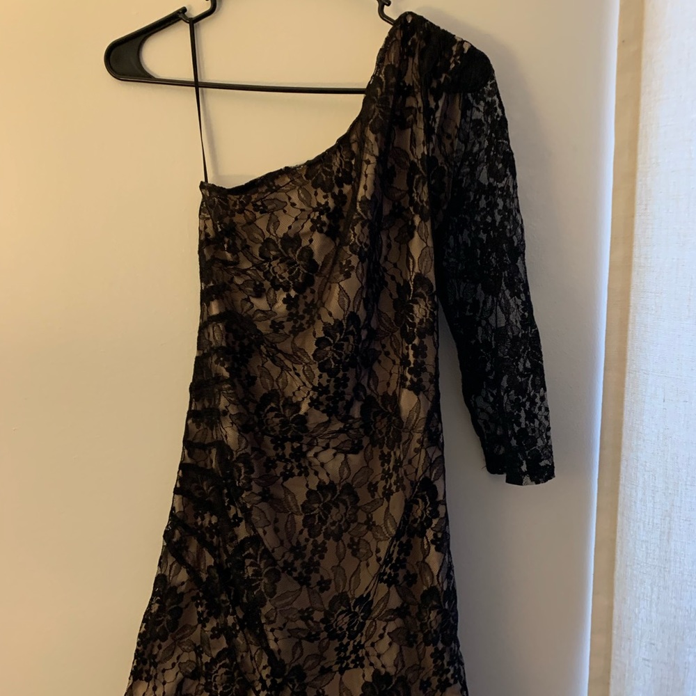 Black and Cream Lace One Shoulder Mini Dress Express Body con